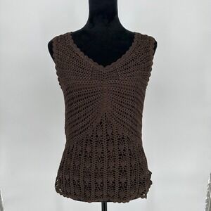 Talbots Hand Knit Brown Crotchet Sleeveless Top Cottage Boho Fall Large